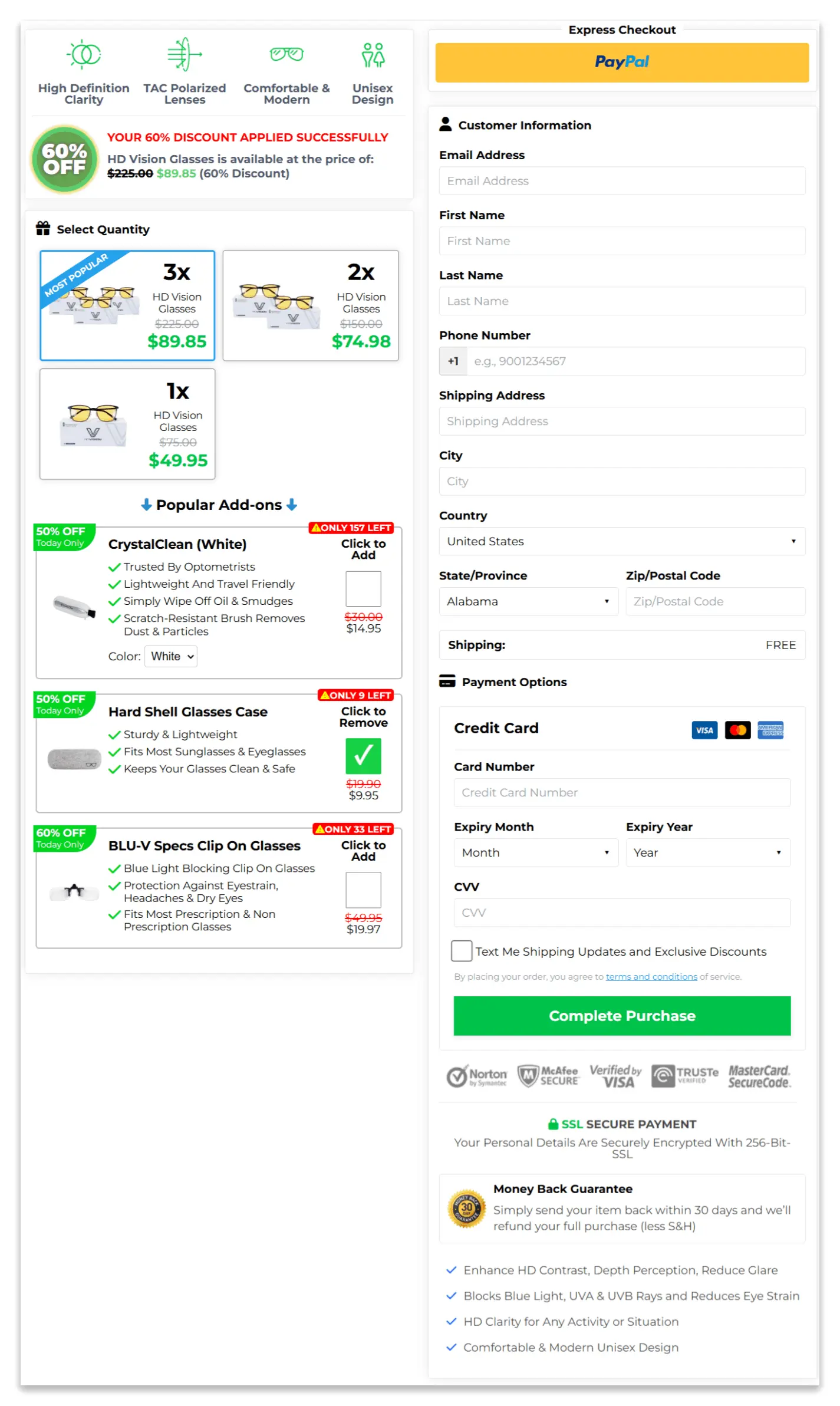 HD Vision Glasses checkout page